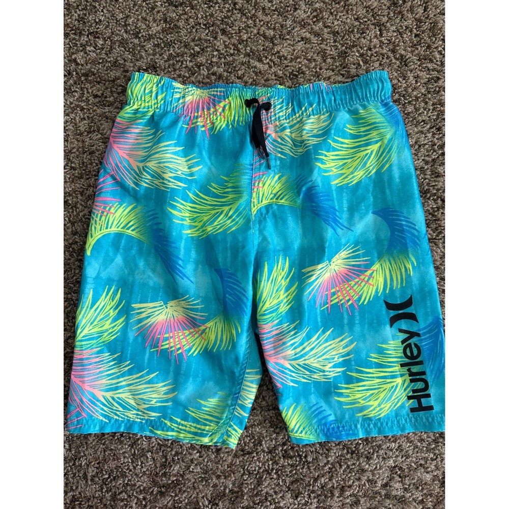 Hurley Mens Large Swim Trunks Blue Tropical Hawaiian Mesh Lined Board Shorts